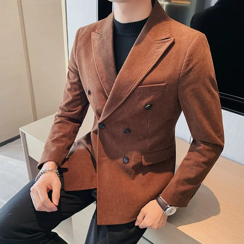 

Мужской вельветовый пиджак на двубортной застежке для осени и зимы, повседневный, комфортный, для отдыха, в стиле кэжуал, для детей, на каждый день, приталенный крой