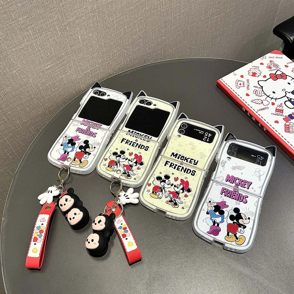 

Cartoon Mickey Minnie 3D Ear Cat With Widgets Phone Case for Samsung Galaxy Z Flip 3 4 5 6 5G PC Hard Back Cover Funda