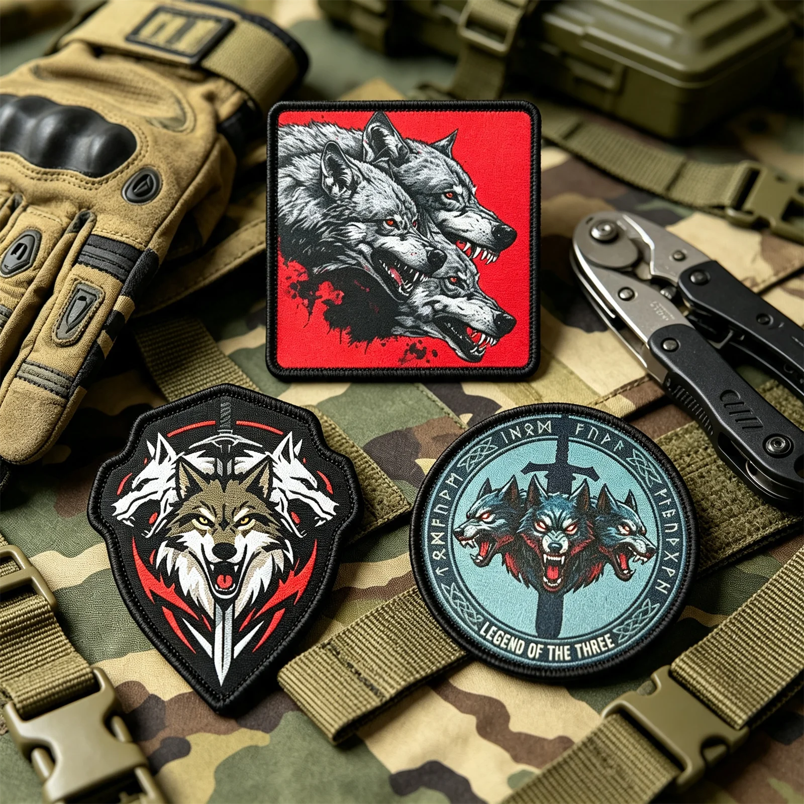 3 Pcs Printed Tactical Morale Patches Set Viking Norse Three Headed Wolf Sword Rune Hook & Loop Patches for Backpack Vest