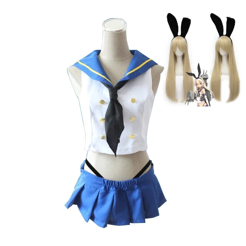 Anime Game Kantai Collection Kancolle Shimakaze Cosplay Costume Women Sexy Summer Sailor Suit Socks Top Skirt Headwear Gloves