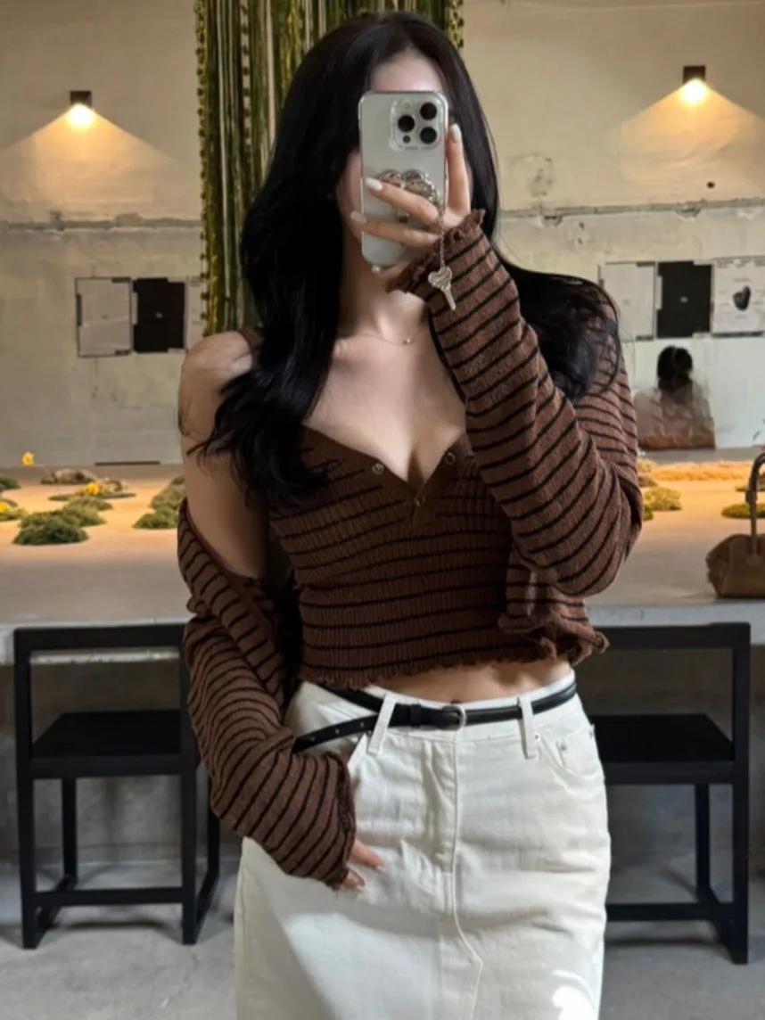 Dongda Gate Sweet Color Colion Wooden  Stripe Strap Vest Long Sve Pad oulder Small Open Cardigan Two-Piece Set