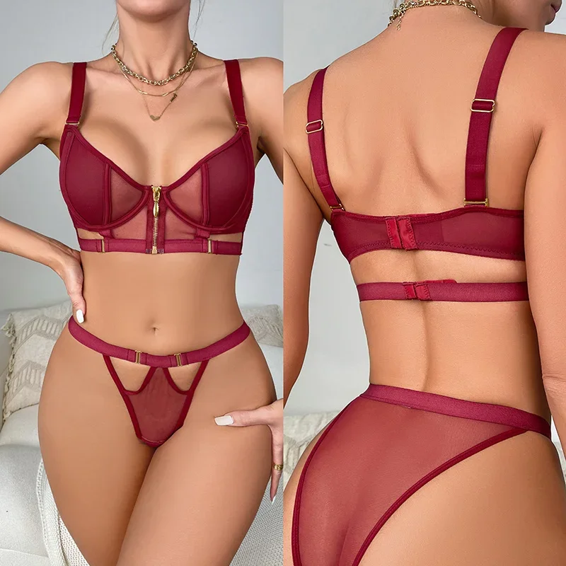 Sexy Lingerie Outfit Thong and Bra Set See Through Chest Gathering Brassiere Push Up Underwear Women Zipper Front Closure Bras