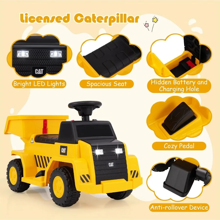 รถดัมพ์ของเล่นเด็ก 6V ลิขสิทธิ์แท้จากแคตเตอร์พิลลาร์ รถก่อสร้างของเล่นเด็ก พร้อมกระบะท้ายปรับระดับได้ แตร และไฟ LED ของขวัญแบตเตอรี่