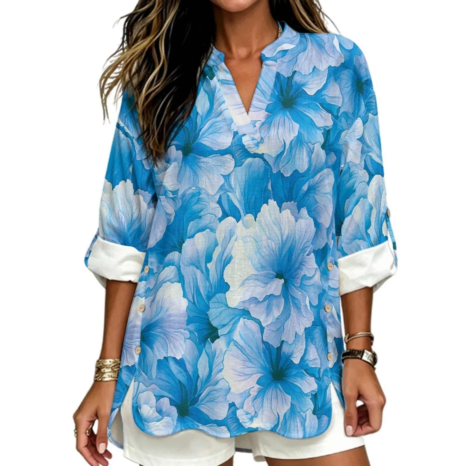 PENSTROLL Blue Floral Print Linen Like Tunic Blouse Breathable V Neck Tops for Womens Sizes S-5XL