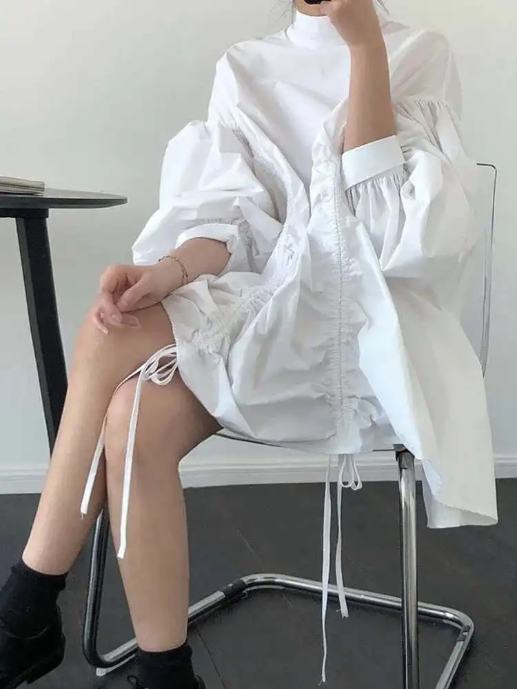 TLXT Mode Gesplitste Onregelmatige Jurk Dames Opstaande Kraag Lantaarnmouwen Trekkoord Designer Korte Jurken Zomer 2025, XK1285