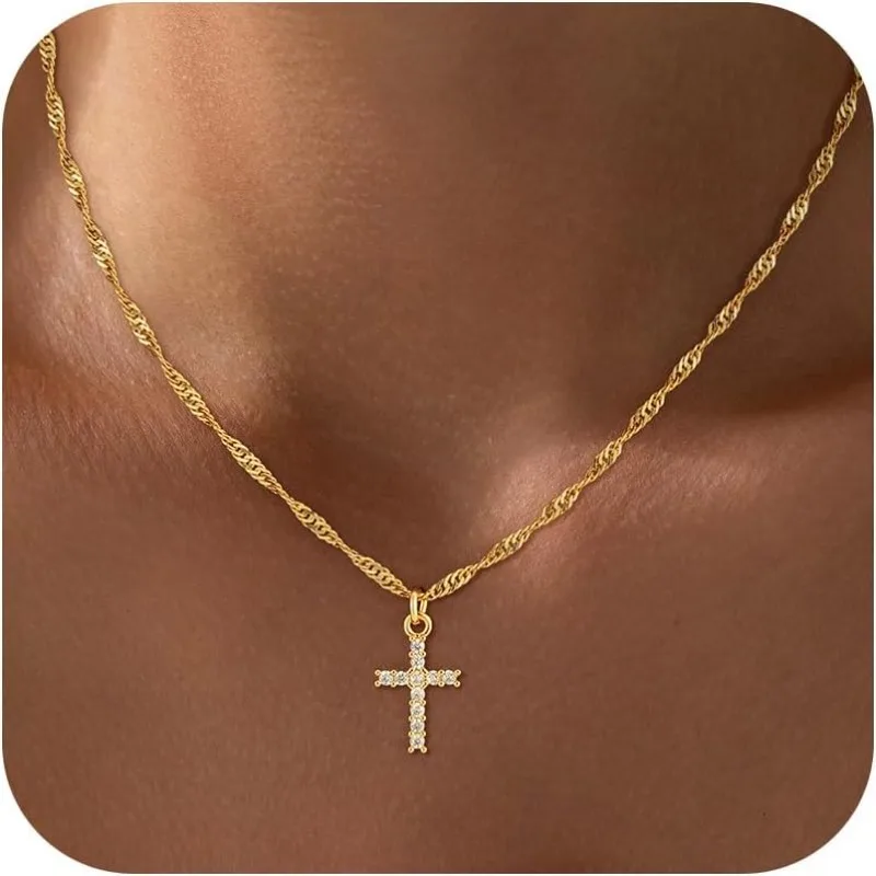 18 Karat echt vergoldete Edelstahl-Kreuz-Halskette für Frauen und Mädchen, nicht anlaufend, wasserfest, Ostern, christlicher Glaube, Schmuck, Geschenke