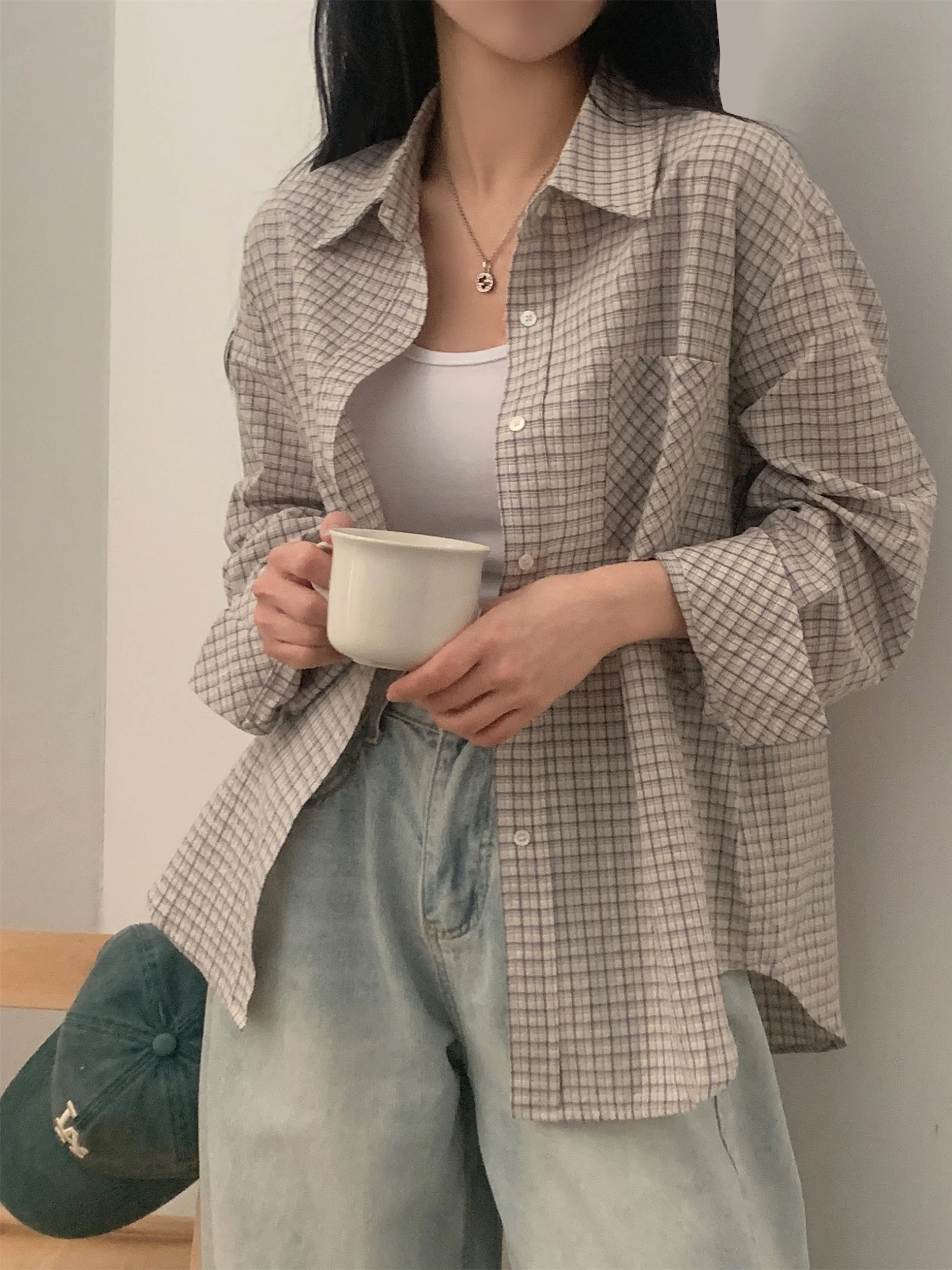 Chic Retro Long Sve Plaid irt Women's Button up Ele Top Spring Collection Korean Sle Loose Fit Collar