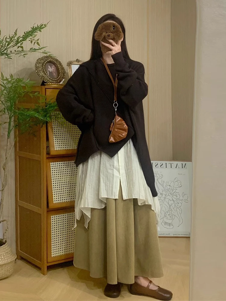

Retro Chic Autumn Winter Long Loose irt Asymmetrical Sweater Wide Leg Pants Tee Piece Set for Young Women 8-25 Years Old