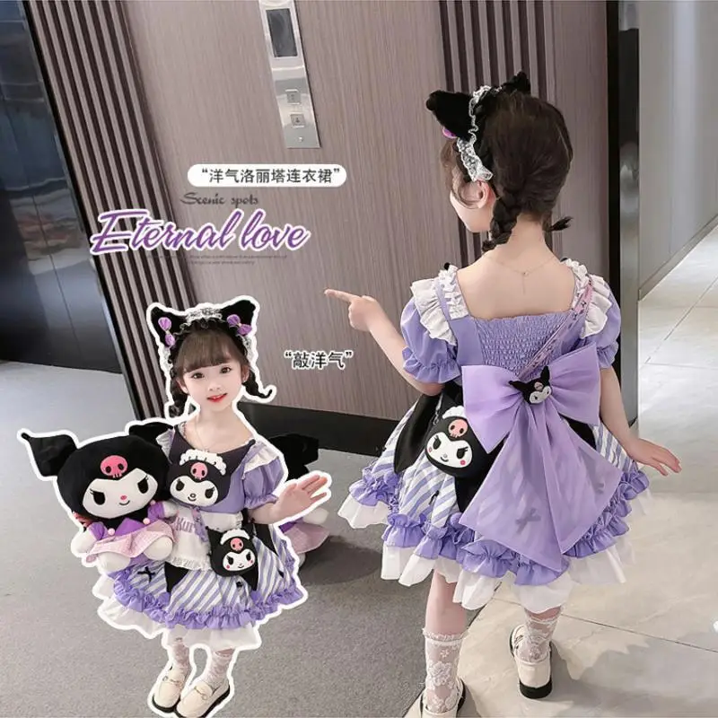 Sanrio-vestido de princesa Kuromi Lolita para niños, disfraz de primavera y otoño, traje de falda hinchada, regalos bonitos para niñas, 2024