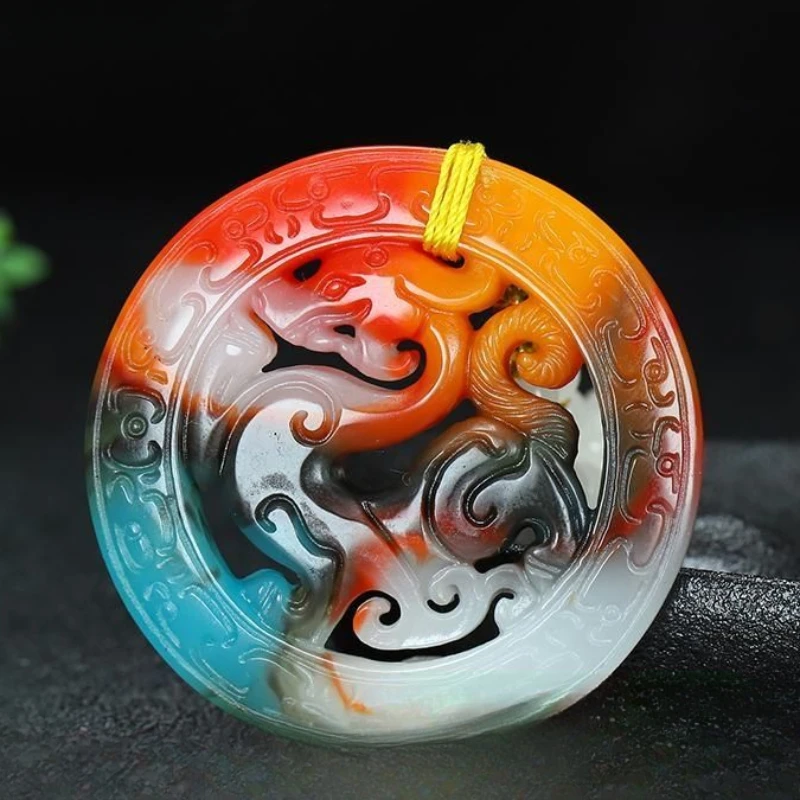 Colorful Yu hollowed out antique dragon pendant, jade stone zodiac dragon pendant