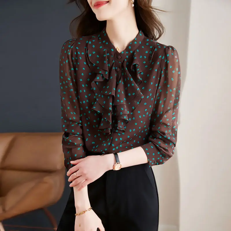 

Женская шифоновая кофта в горошек, с круглым вырезом и длинным рукавом