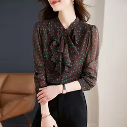 Autumn New Korean Warm Color Versatile Round Neck Elegant Women Clothes Polka Dot Printing Casual Chiffon Long Sleeve Button Top