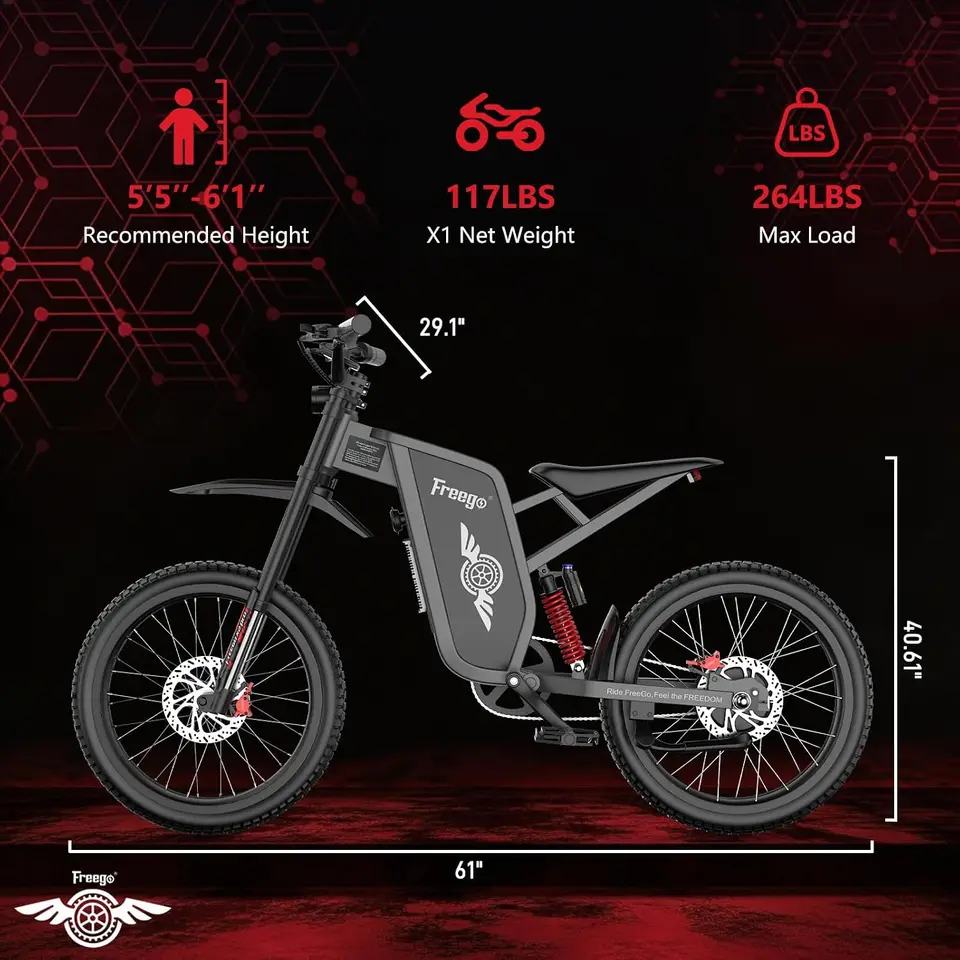 Freego X1 Electric bike 3000W Peak Motor 60V25Ah Battery 40 Miles Range Electric Motorcycles 17X1.6'' Tire Electric Dirt Bikes image 7