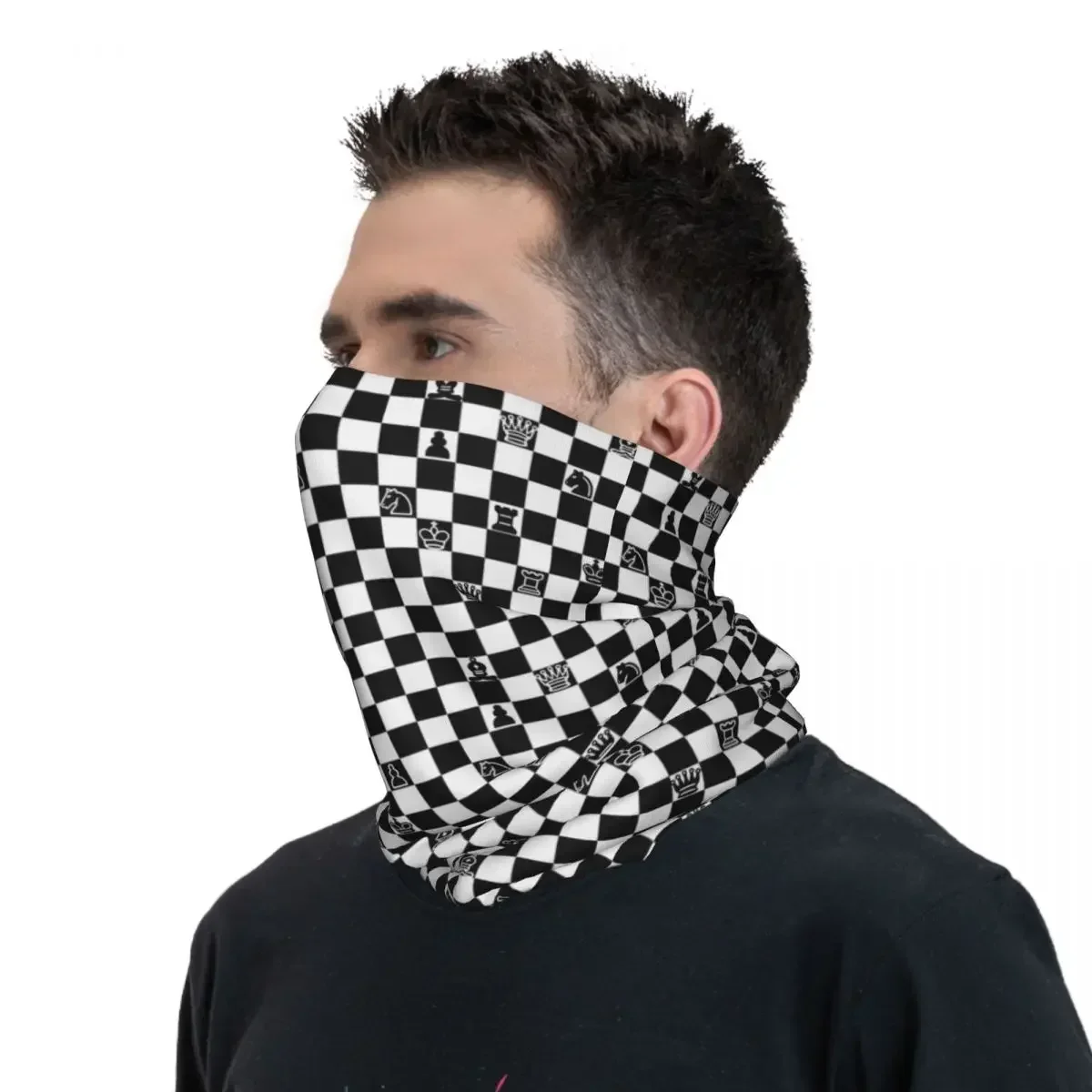 Board Game Chess Figures Checkered Magic Scarf Accessories Neck Gaiter Black and White Checkboard Bandana Scarf Multi-use Riding