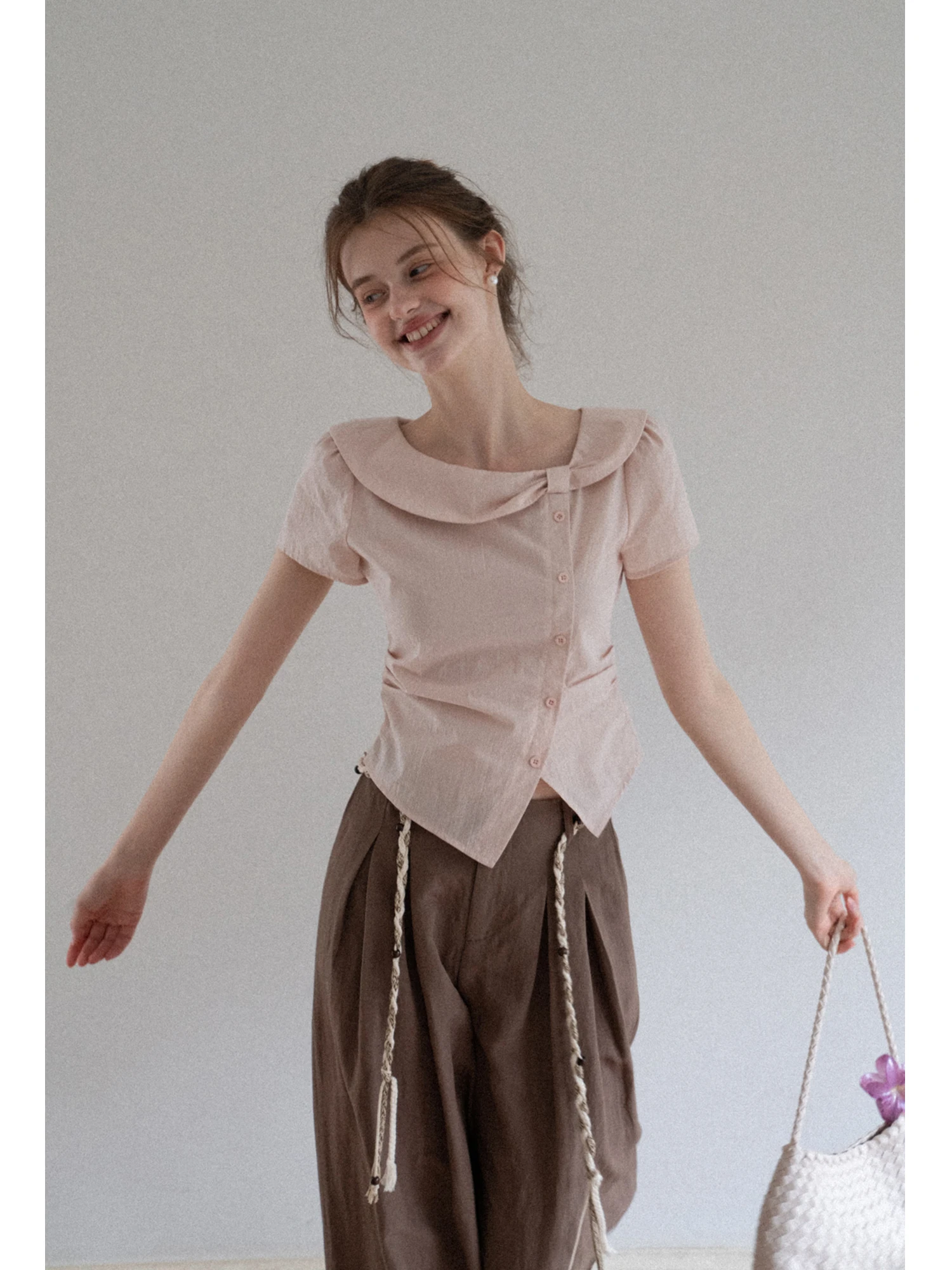 

Pink Irregular Design Doll Collar Waist-Cinching Casual Short Shirt Women Summer Slimming Top EGGKA Sweet Style Loose Fit Cot...