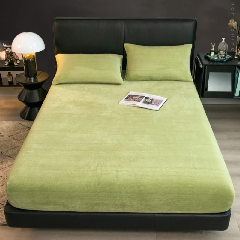 Winter Warm Milk Velvet Fitted Sheet Solid Color Elastic Mattress Cover Soft Coral Fleece Bed Sheet Twin Full Queen King Size