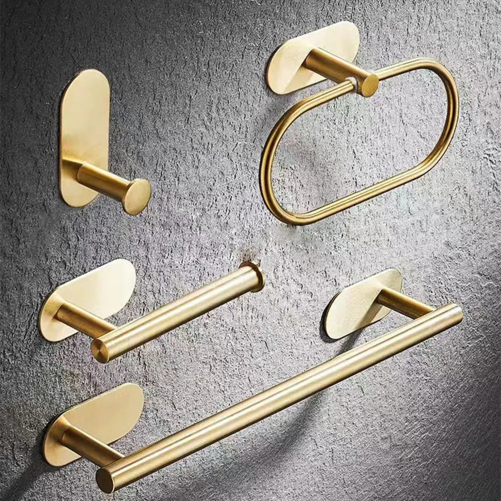 Langlebiger goldfarbener Handtuchhalter, selbstklebend, ohne Bohren, Badezimmerhaken, Edelstahl, Badezimmer-Organizer, Küchen-Aufbewahrungsregal