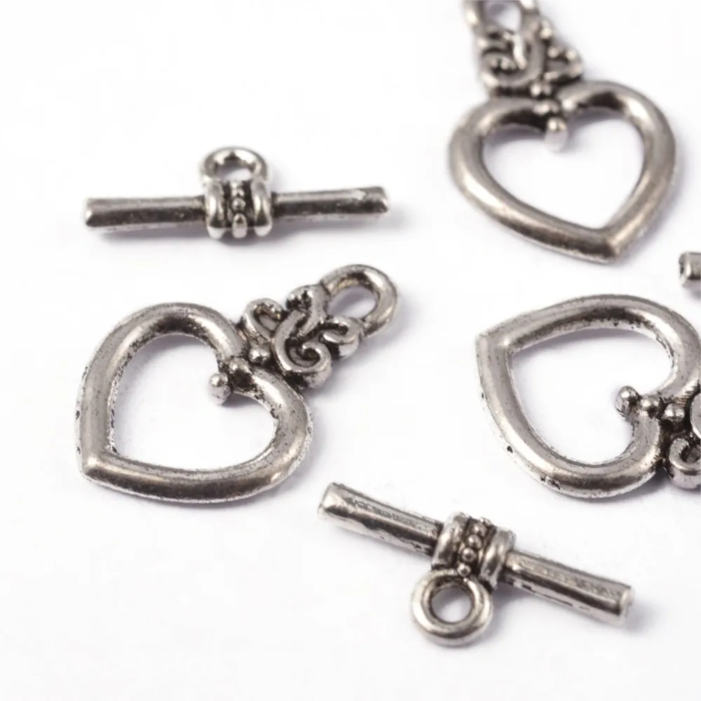 5 Set Cincin Konektor Hati Bunga Penutup Ujung Toggle Gesper PL Perak Antik untuk Aksesori Pembuatan Perhiasan Kalung Gelang DIY