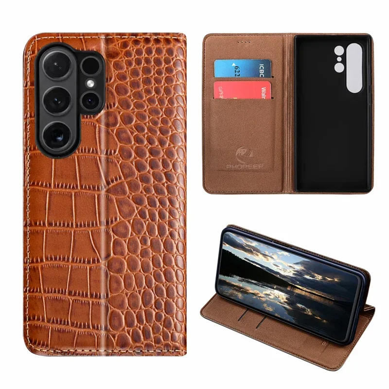 

For SAMSUNG Galaxy S24 Ultra Plus FE 5G Flip Case Crocodile Pattern Cowhide Cover Genuine Leather Magnetic Wallet Cover