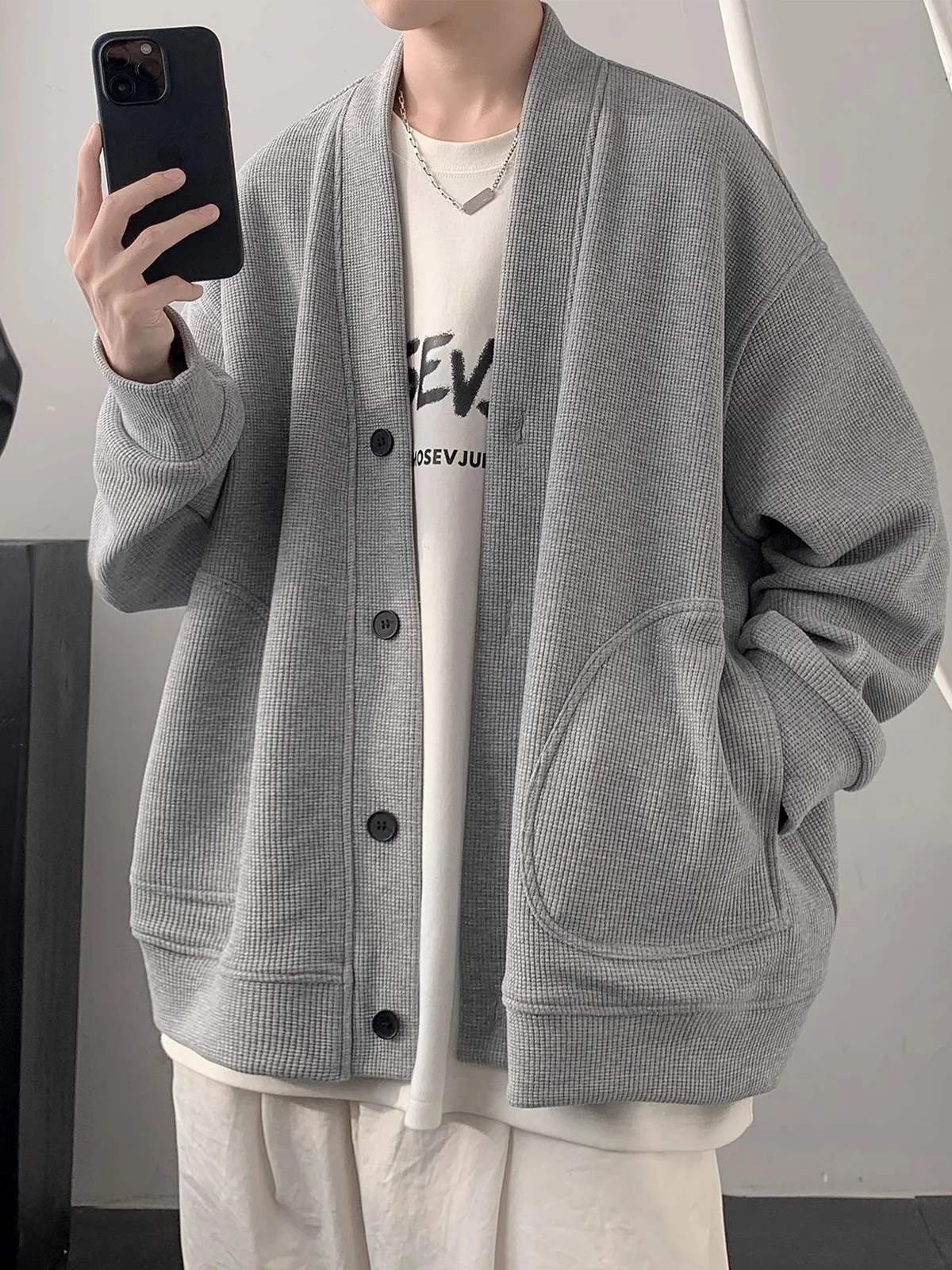 

Мужской кардиган-свитшот в американском ретро-стиле с V-образным вырезом, свободный повседневный верхний слой для осеннего сезона, однотонный, модный брендовый