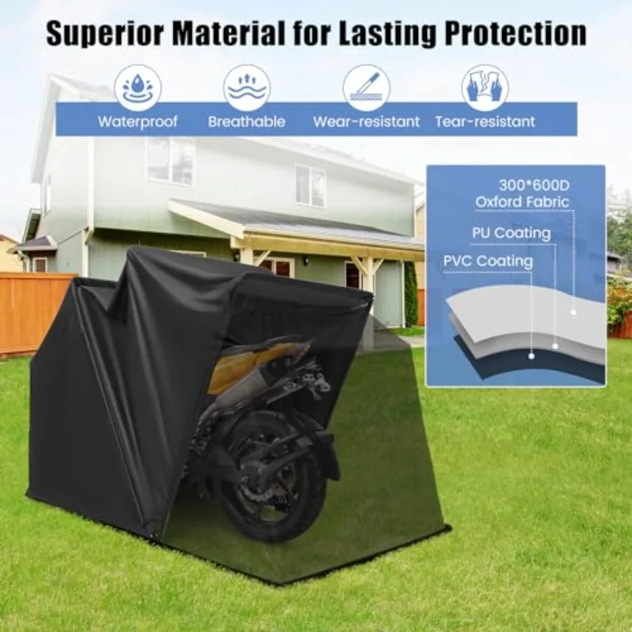 Motorcycle Storage Shed for Outdoor Use, Hard Shell 600D Waterproof Cover in Gray, Flip-Up Design with 2 Side Ventilation Windo