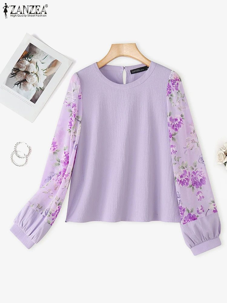 

ZANZEA, женские топы и блузки, осень 2021, модные рубашки с длинным рукавом и цветочным принтом, винтажная туника с пышными рукавами и круглым вырезом, повседневные блузки