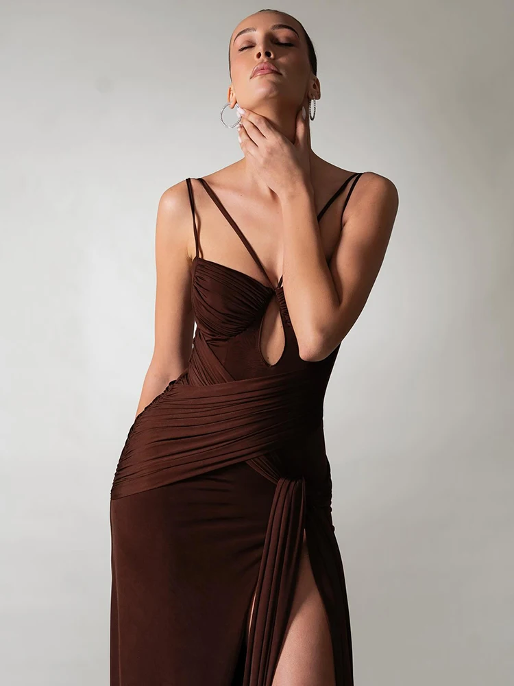 PB Abito lungo sexy con ritaglio marrone – Abito da sera elegante senza schienale Temperamento da donna Slim Night Club Cocktail Party Nuovi abiti