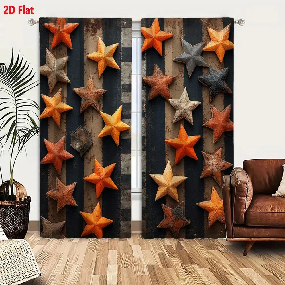 2Pcs Curtains Add 2D Flat Five Pointed Star Collection Weathered Rust Textured Grid Pattern Artistic Decor Industrial Design Nos