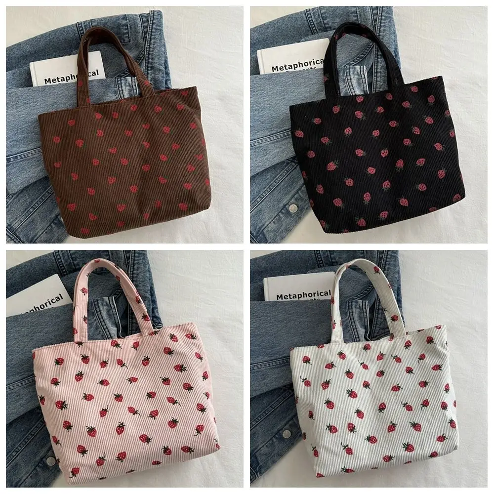 Bolso de mano con estampado de fresa de gran capacidad, bolso de hombro para mujer, bolso de compras de estilo coreano, bolso de pana para exteriores