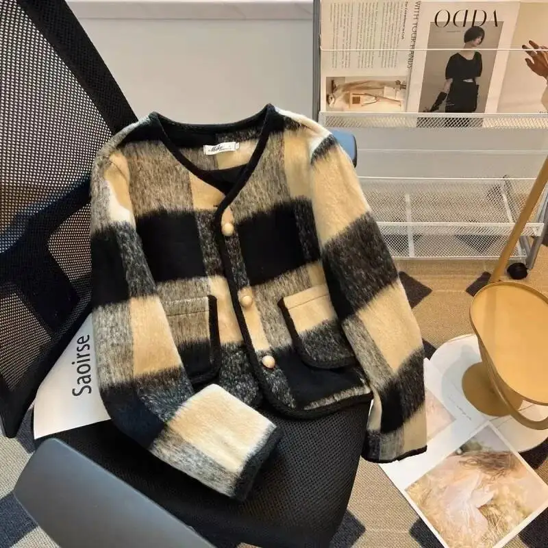 

Модная клетчатая шерстяная короткая куртка женская осень-зима горячая распродажа сезона новый стиль универсальный круглый вырез с длинным рукавом La