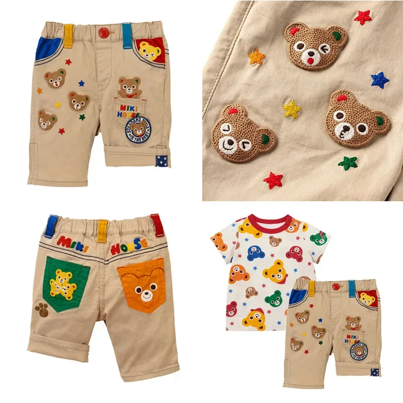 Broek Jongen Zomer Japans Trendy Merk, Kaki Denim Shorts Midden Taille Geborduurde Beer Hoofdletter Kinder Broek