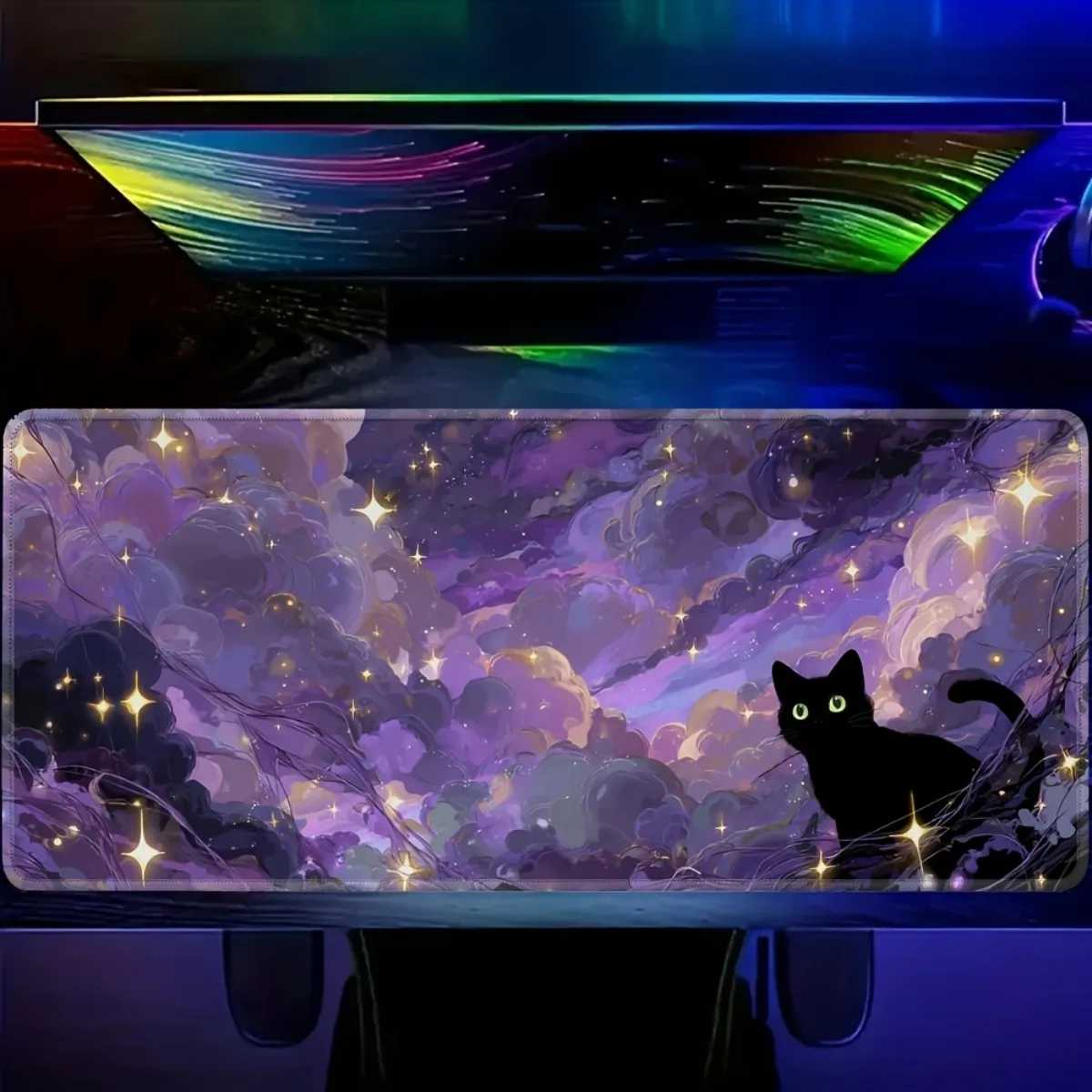 Aesthetic 2D Mouse Pad Rubber Non-Slip Black Cat Mystical Purple Sky Large Gaming Desk Mat