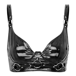 Womens Lingerie Metal Ring Hollow Latex Push Up Bralette Top Bra Rivets Buckle Patent Leather Wirefree Patent Leather Glossy Bra