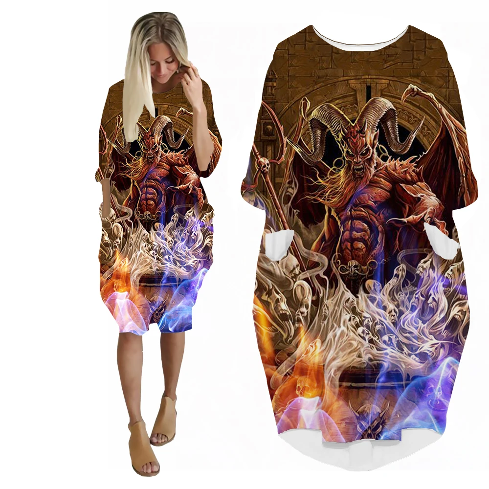 SONSPEE Hell Abyss Demon Woman's Dress Fashion Design Satan printed Skirt Fashion Elegant Trend Loose Long Sleeve Pocket Skirts