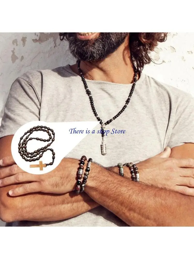 D0AD Classical Religious Rosary Natural Beads with Crosses for Daily Wear or Gift for Spiritual Comfort Religious