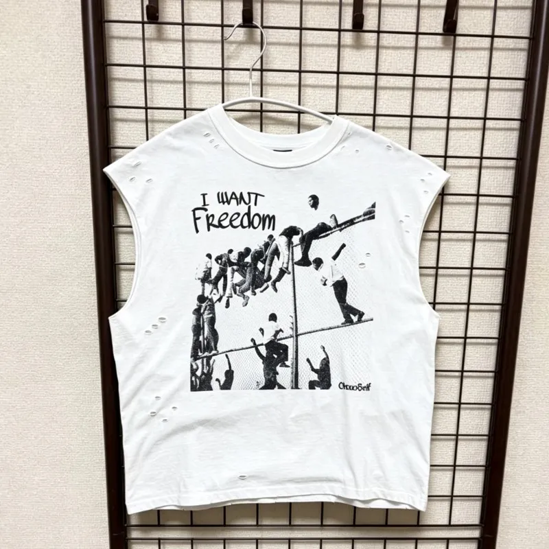Vintage Washed Cut Hole Sleeveless Tshirt I WANT FREEDOM Tank Tops Reverse Stitching Collar Round Neck Vest Men Women Outfit