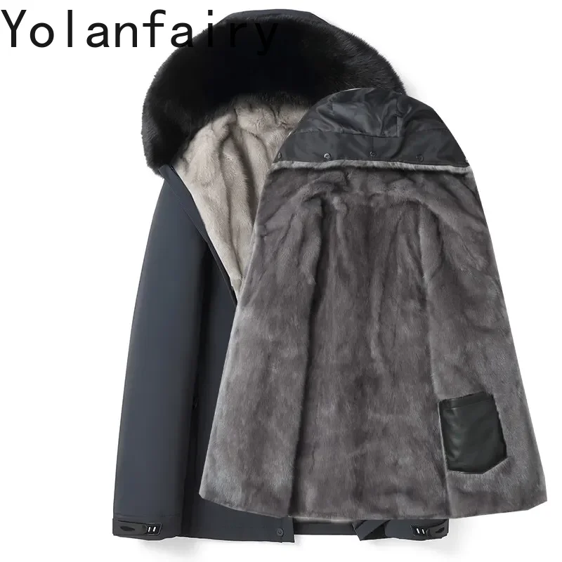 

YOLANFAIRY Натуральная меховая куртка-парка мужская зимняя класса люкс со съемной подкладкой из меха норки, капюшоном и воротником из меха лисы Jaqueta Masculina