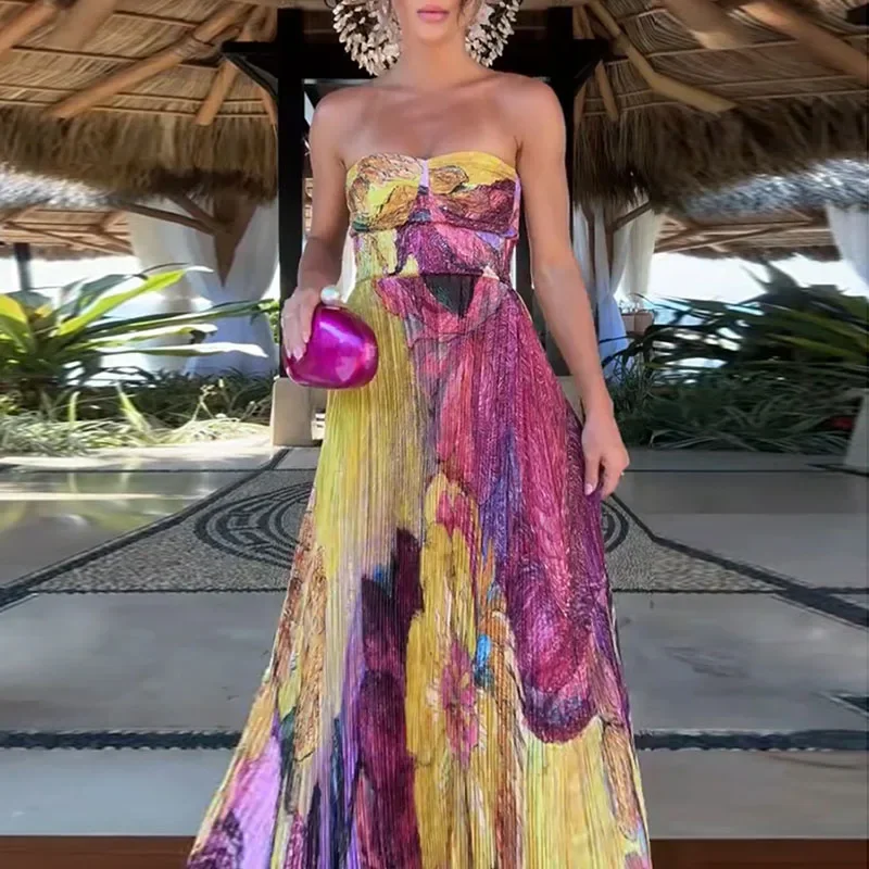 2025 New Sexy Sling High Waist Party Dress Woman Elegant Pleated Print Robes Dress Summer Fashion Sleeveless Hollow Boho Dresses