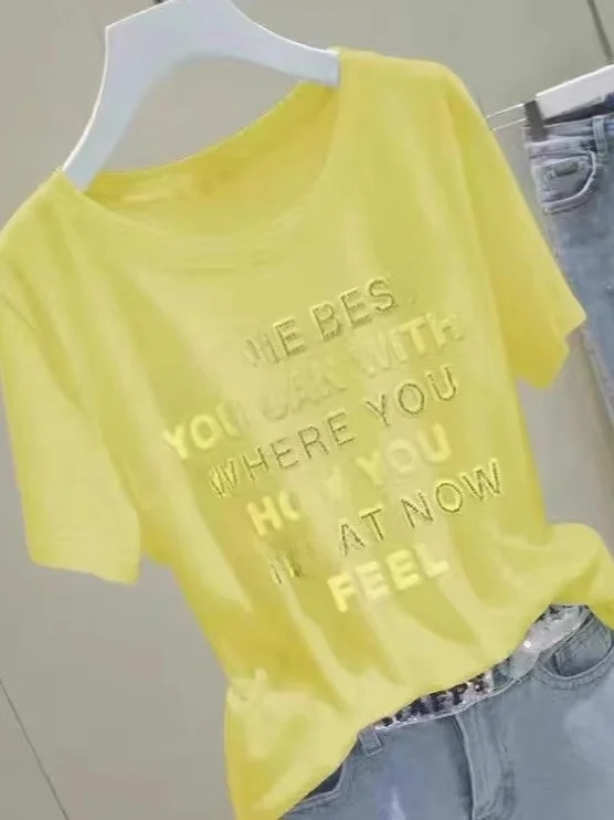 Loose Fit Bamboo Cotton ort Sve T-irt Women's Summer Slimming Top Outlet Brand European Sle Printed Commute Sle