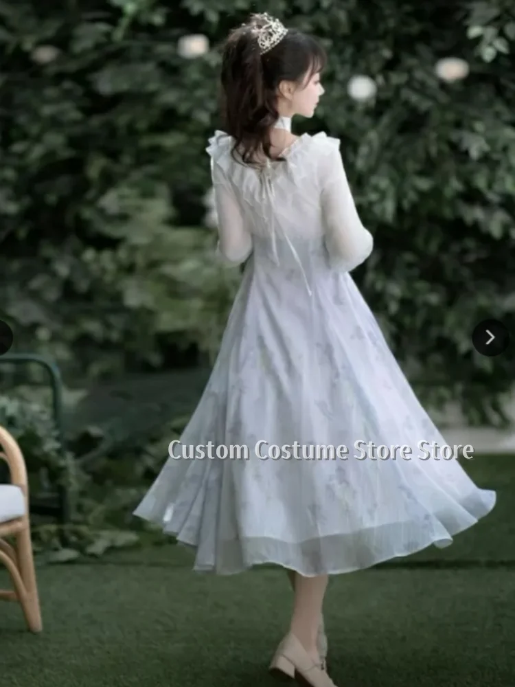 Robes de bal Lolita personnalisées, col haut, dentelle creuse, manches longues, taille ornée de perles et ventre de mollet, pour tous les jours