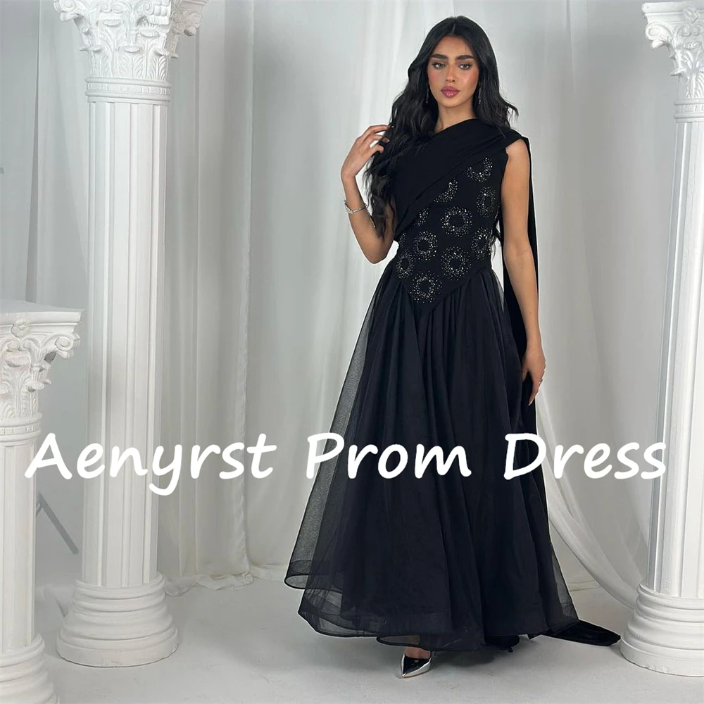 Aenyrst Black Tulle A Linha Vestidos de Noite Beading Sem Mangas Arábia Saudita Prom Vestido Tornozelo Comprimento Dinner Party Gown personalizado