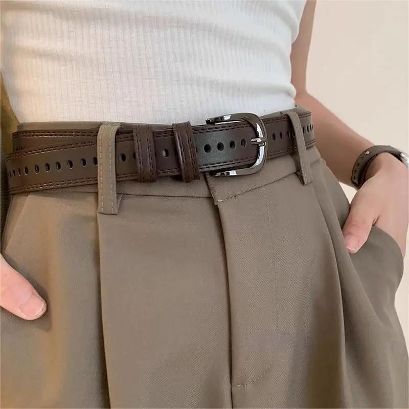 RICYGVM Jeans Pant Belt For Women Full Hole Leather Belts Fashion Simple Pin Buckle Waistband Black Coffee Students Girdle Strap