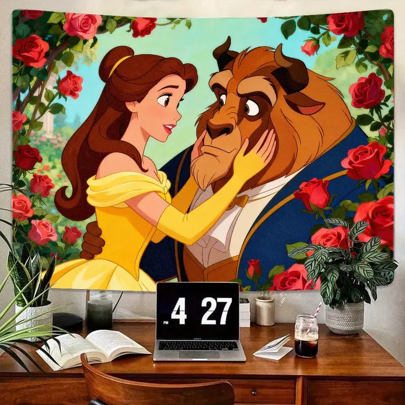 

1 шт., романтический сказочный гобелен Disney Belle & Beast, полиэстер, настенное искусство, эстетический декор для комнаты, общежития, подарок для фанатов Диснея