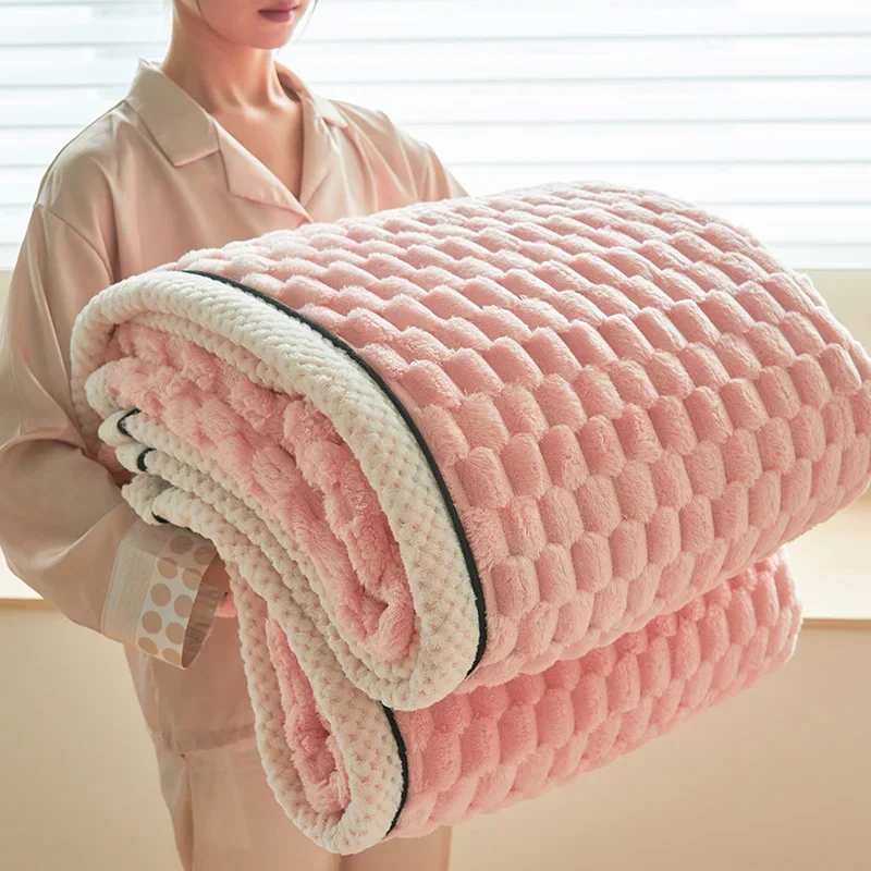 Warm Coral Fleece Blanket Double-Sided Thick Plush for Autumn Winter Bed Sofa, Soft Flannel Cozy Pink Grey Green Turtle Design