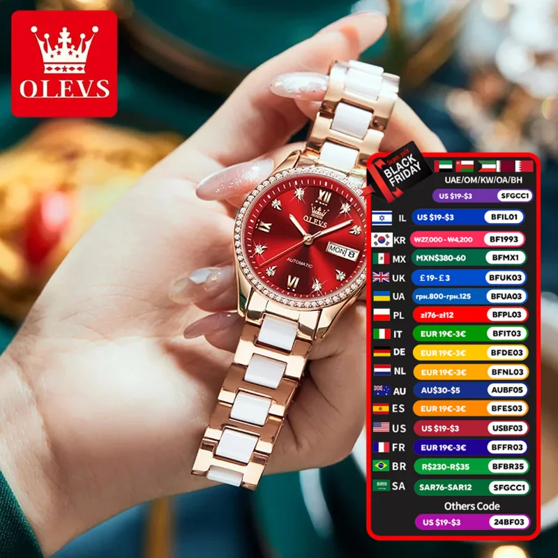 OLEVS Original Automatic Wrist Watch for Women Fashion Elegant Diamond “Love” Dial Ceramics Strap Mechanical Wristwatch Set