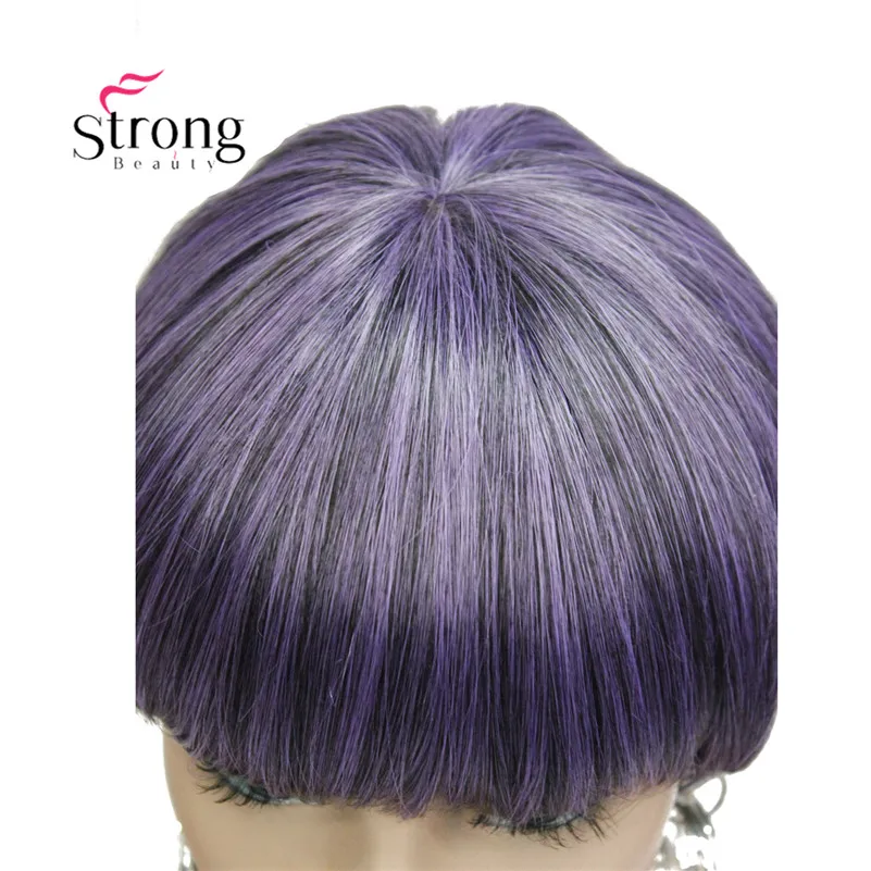StrongBeauty Short Straight Purple Highlighted Bob with Bangs Synthetic Wig COLOUR CHOICES