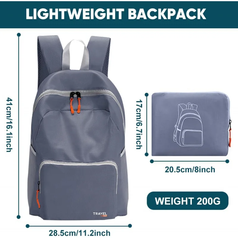 Sac à dos pliable léger et pliable pour voyage et randonnée, pour hommes et femmes, gris