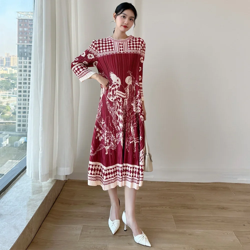 

YUDX Miyake Folds 2025 Early Spring New Printing Women's Dress Temperament Commuter Round Neck Loose Plus Size Long Dresses