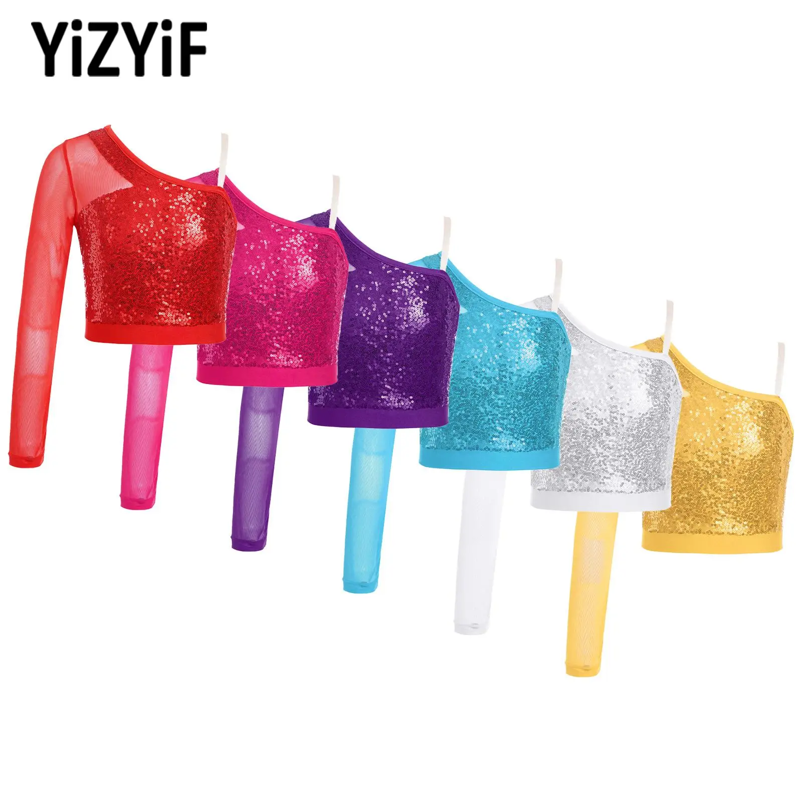 Girls Jazz Dance Tops Performance Cheerleading Dance Party Costumes Sparkly Sequins Long Sleeve One Shoulder Crop Top Dancewear