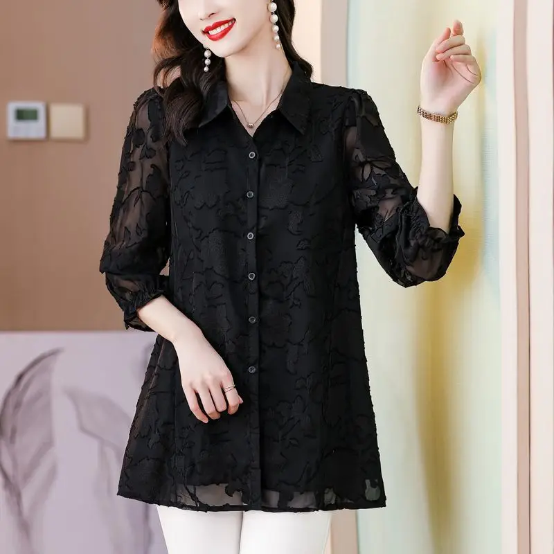 Office Lady Stylish Jacquard Weave Blouse Korean Solid Color Women\'s Clothing Casual Spring Autumn Single-breasted Lapel Shirt